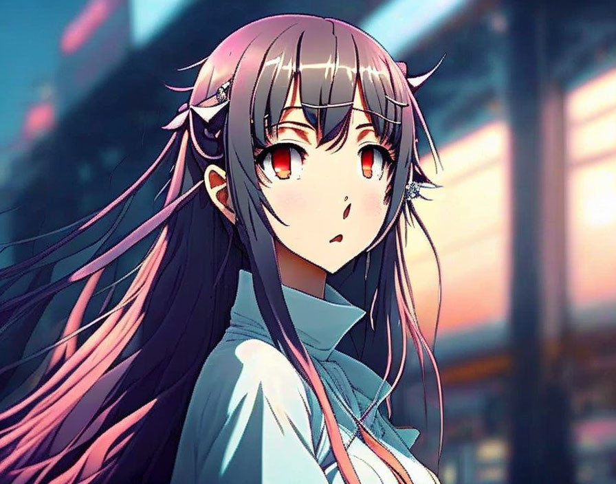 Anime-style girl with purple hair and red eyes in cityscape twilight.