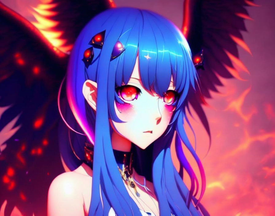 Anime-style digital artwork: Blue-haired girl with red eyes, black wings, star and gem details,