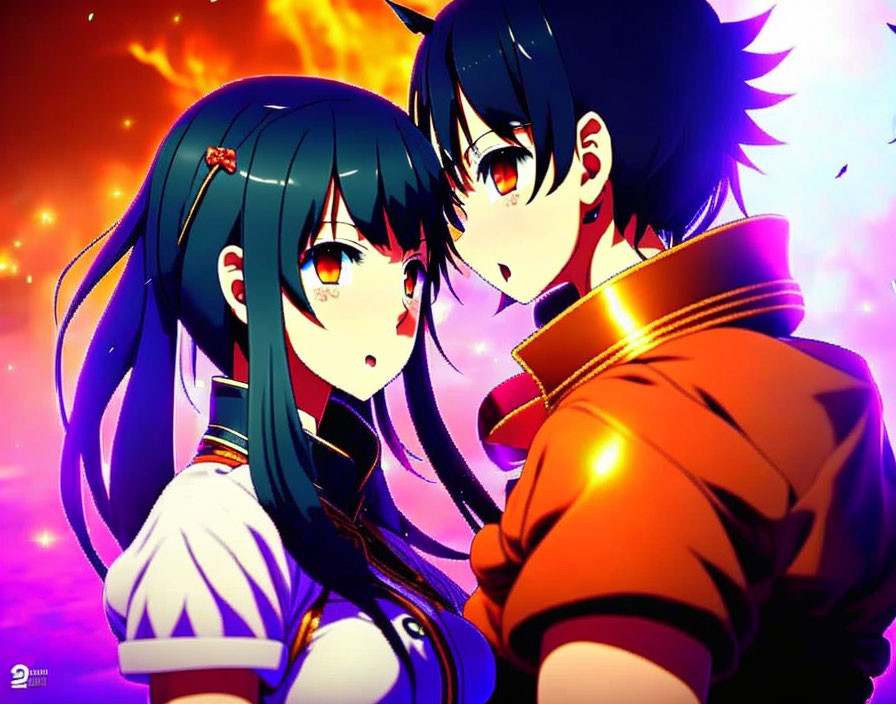 Intense anime characters against fiery backdrop