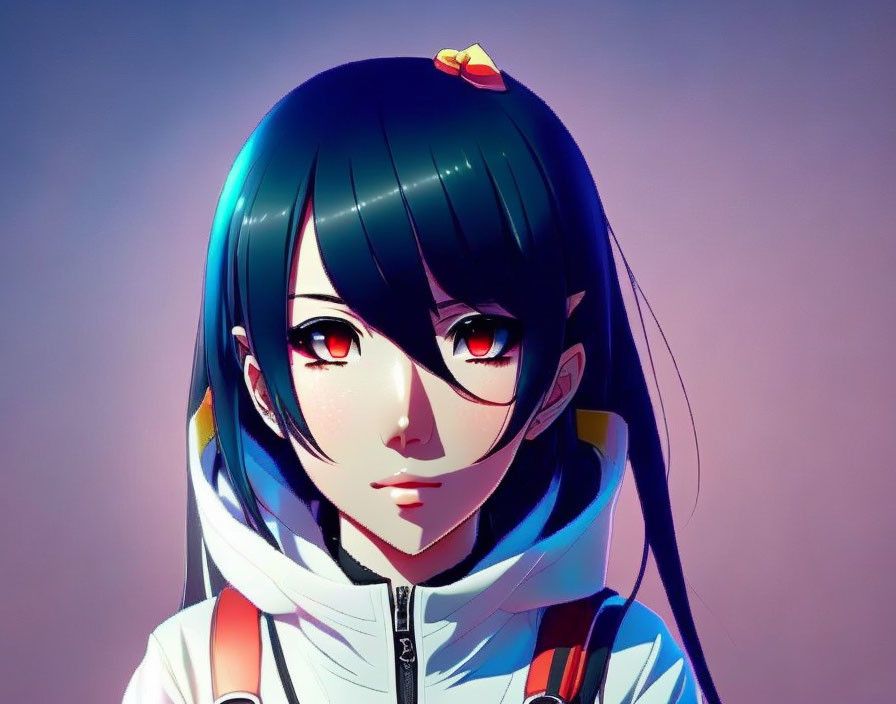 Anime-style Female Character with Long Black Hair and Red Eyes in White Jacket on Purple-Pink Background