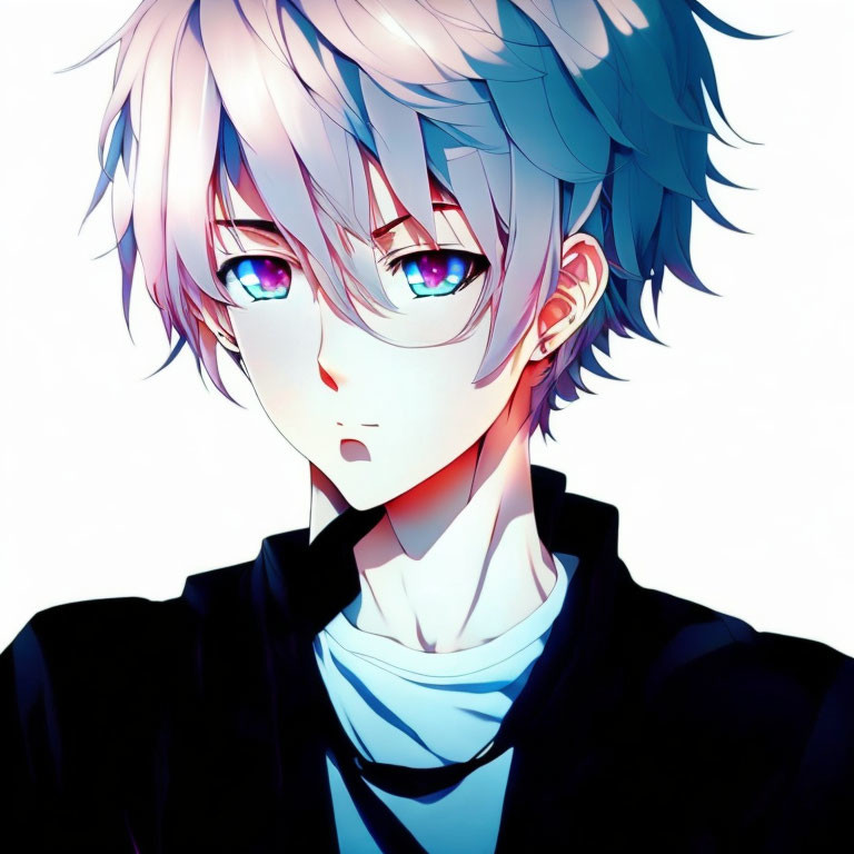 Two-toned blue and pink hair animated character with blue eyes in black jacket.