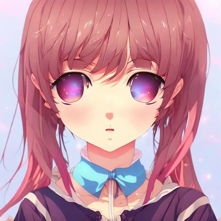 Anime girl with pink hair, purple galaxy eyes, and blue bow tie on pink background