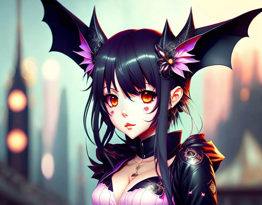 Black-haired anime girl with bat-like wings and red eyes in gothic attire against cityscape.