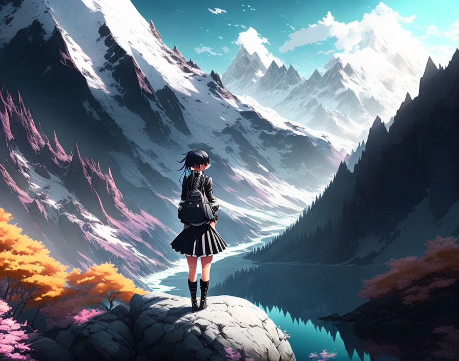 Girl in black outfit gazes at serene lake, colorful trees, and snow-capped mountains