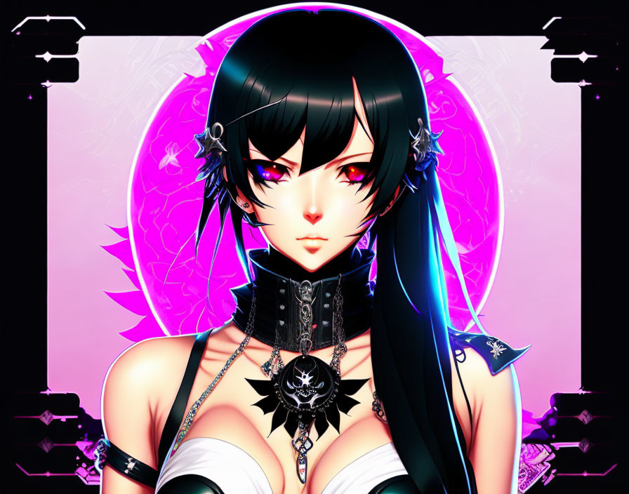 Stylized anime female character with black hair and purple eyes on vibrant background