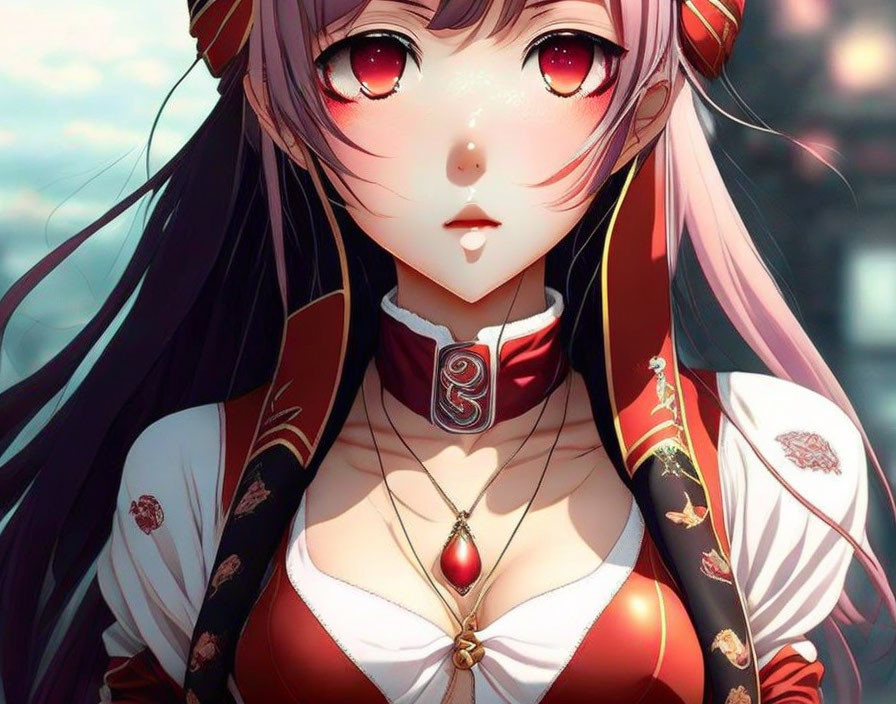 Anime-style illustration: Girl with purple hair, red eyes, detailed red and black outfit.