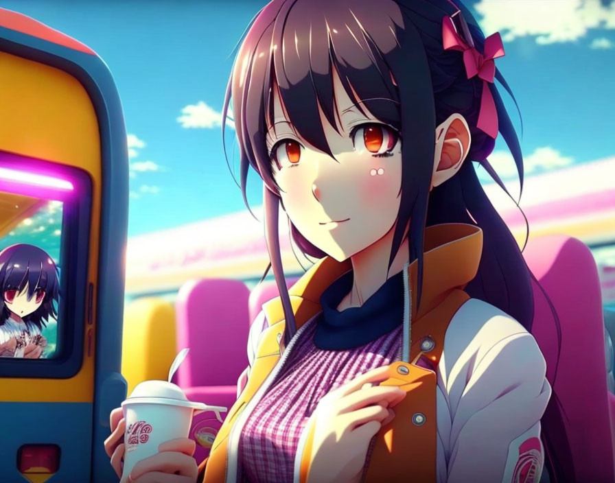 Long-haired anime girl with bow holding a drink near train car under blue sky.