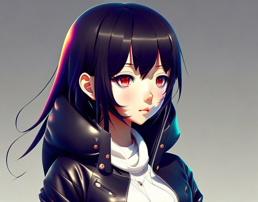 Anime-style girl with red eyes, black hair, and rainbow reflection wearing black jacket.