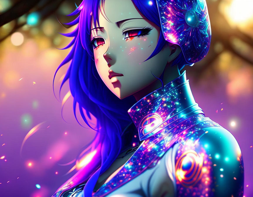 Vibrant illustration of female anime character with blue hair in galaxy-themed attire