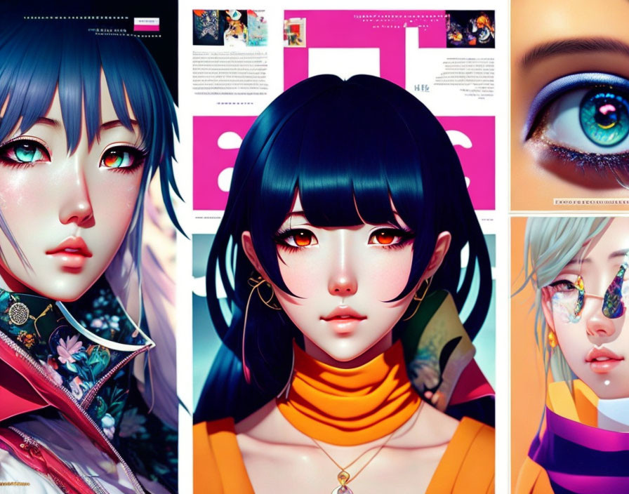 Stylized collage featuring expressive eyes and modern Asian fusion.