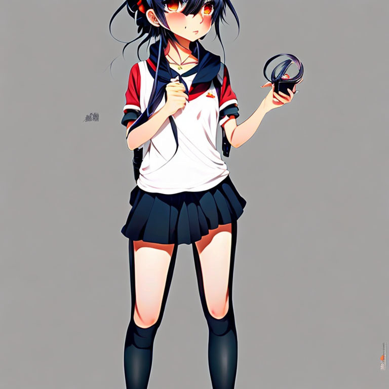 Anime-style girl in black and red school uniform with helmet, gray background