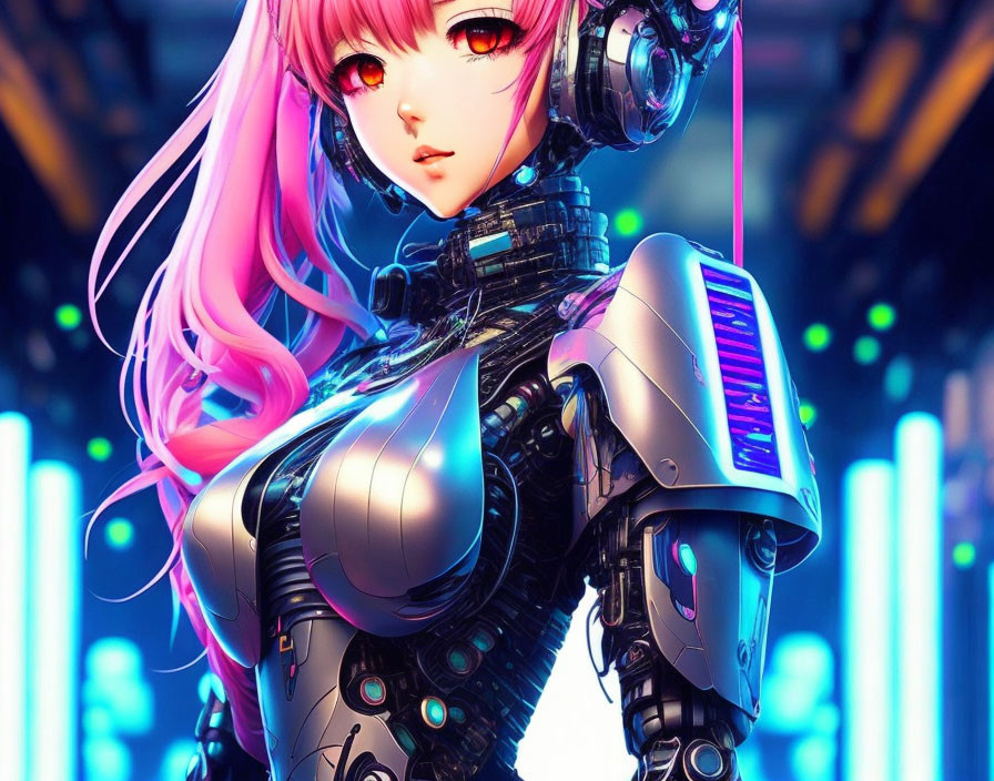 Pink-haired female cyborg in futuristic armor on vibrant blue neon backdrop