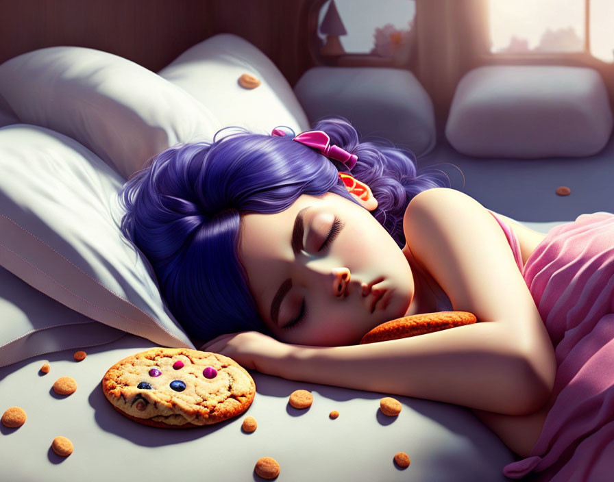 Blue-haired girl sleeping next to a large cookie with chocolate chips on a sunny bed