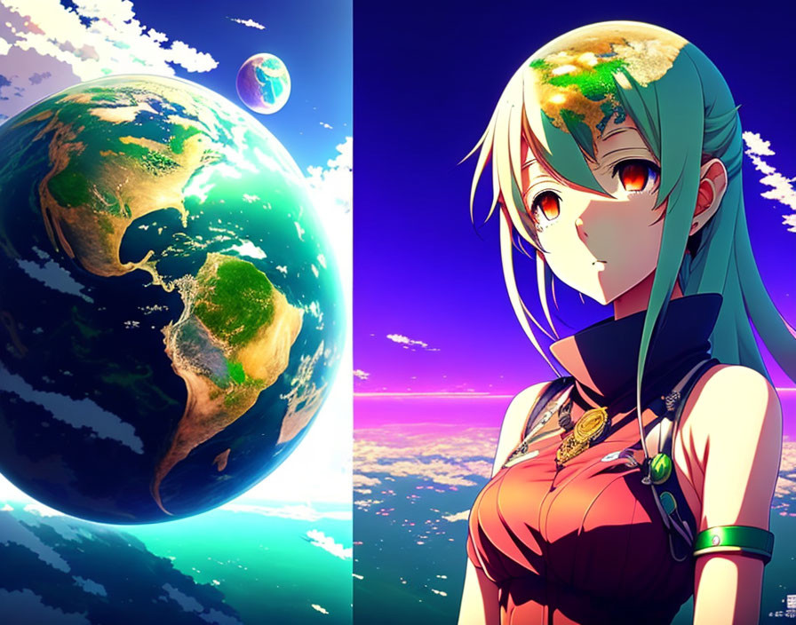 Anime girl with green hair in space scene with Earth and moon