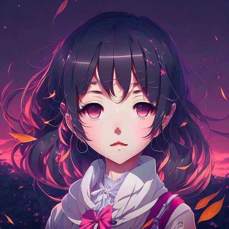 Anime girl with large pink eyes and dark hair in twilight setting