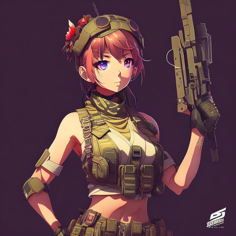 Anime character with auburn hair in military gear with rifle on purple background