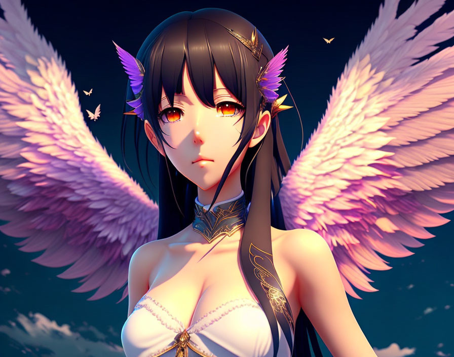 Anime-style Female Character with Black Hair, Pink-Tipped Wings, and Decorative Horns in Twilight