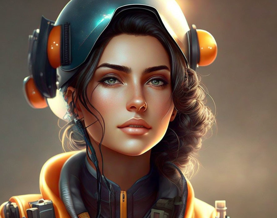 Detailed digital artwork of woman in futuristic helmet with reflective visor