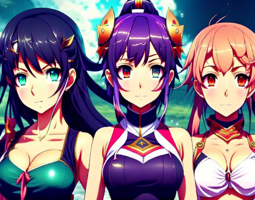 Three female anime characters with vibrant hair and eyes in detailed outfits with gold accents against a cloudy blue sky