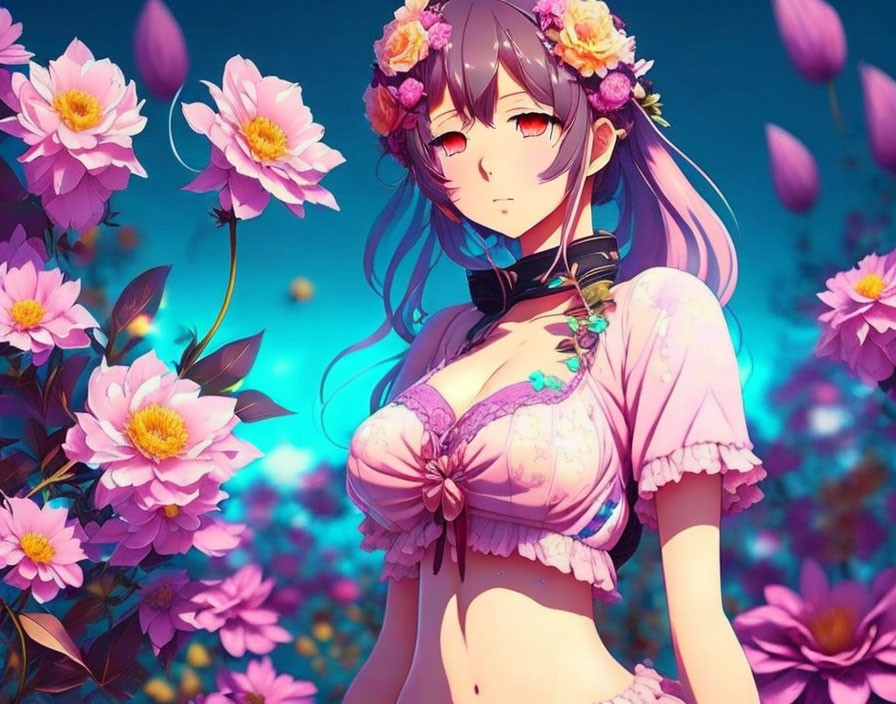 Dark-haired animated character in purple outfit surrounded by pink flowers against blue sky