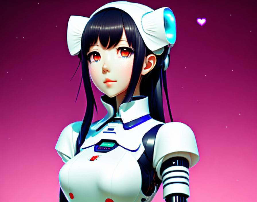 Female anime-style robot with futuristic headphones and sci-fi outfit on pink background