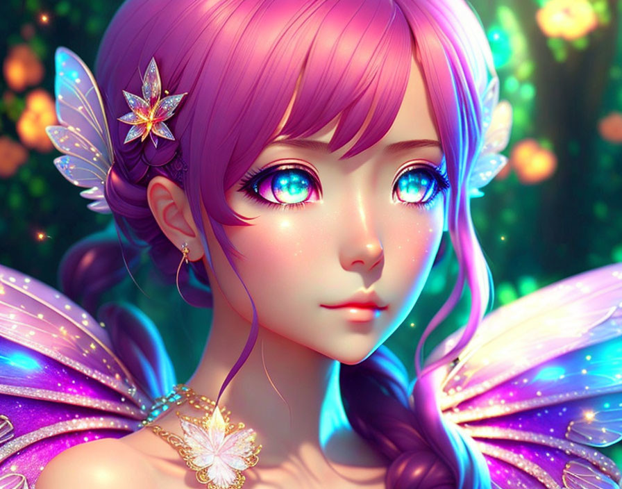 Colorful illustration: girl with blue eyes, purple hair, iridescent wings in glowing foliage