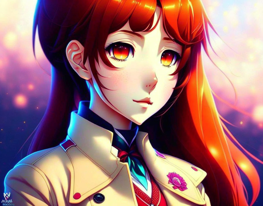 Anime-style illustration of girl with large orange eyes, red hair, beige uniform.