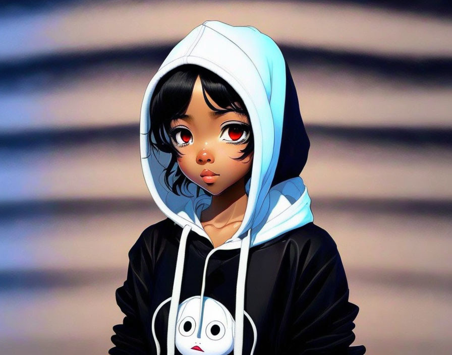 Blue Hoodie Character with Large Eyes and Black Hair on Striped Background