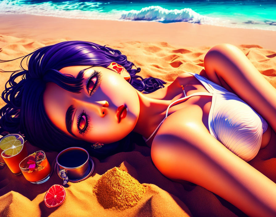 Illustration: Woman with Purple Hair Relaxing on Sunny Beach in White Bikini