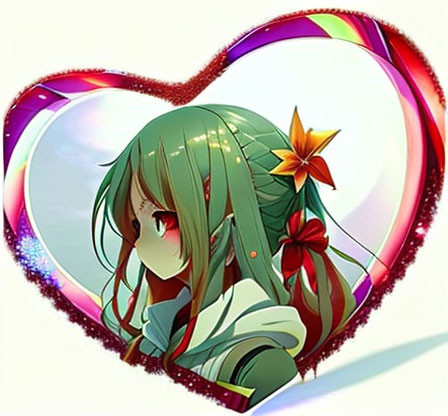 Anime girl illustration in rainbow heart frame with glitter effects