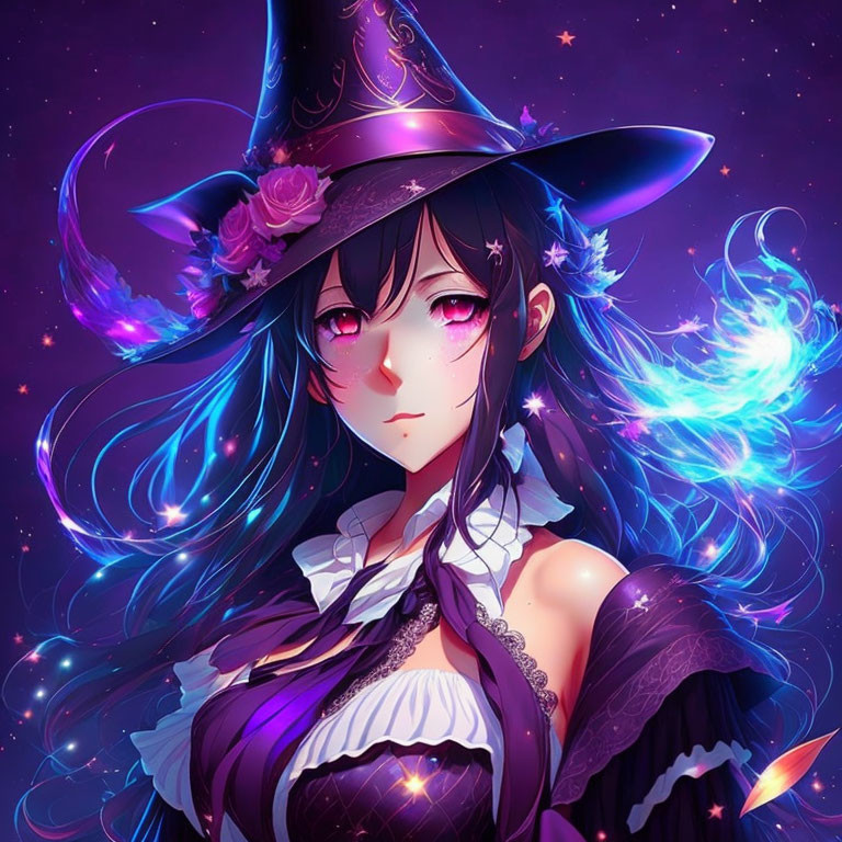 Mystical animated character with long blue hair and witch's hat in cosmic setting