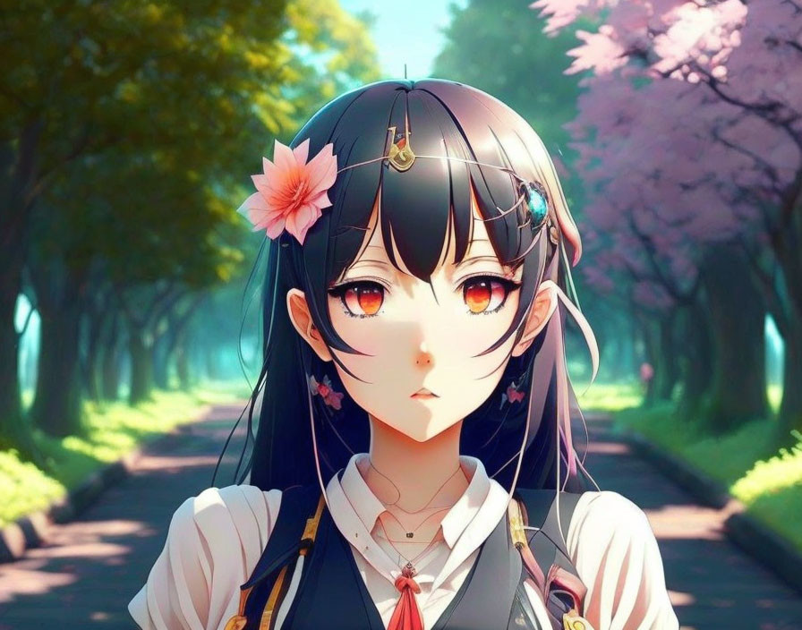 Black-haired anime girl in traditional attire amid cherry blossoms