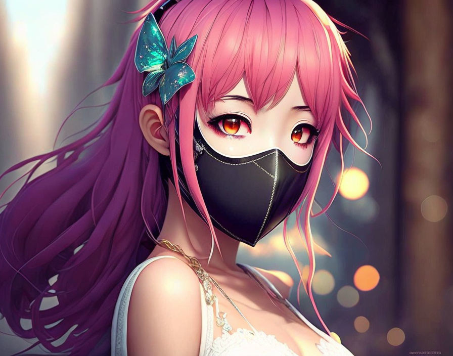 Magenta-haired animated girl with red eyes and butterfly accessory in mask and white top.