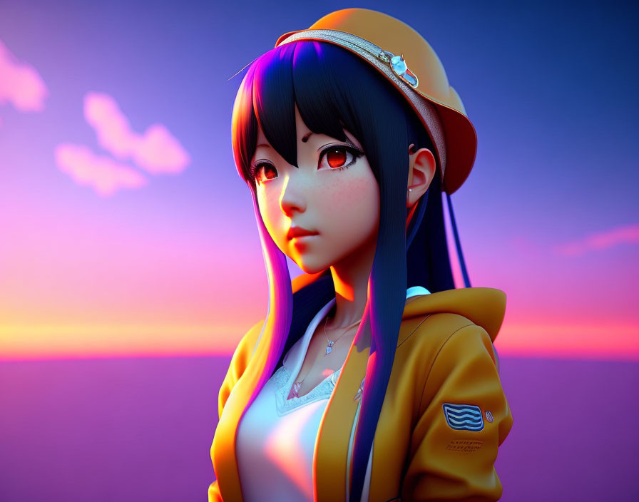 Young animated girl with blue hair and yellow cap in vibrant sunset scene