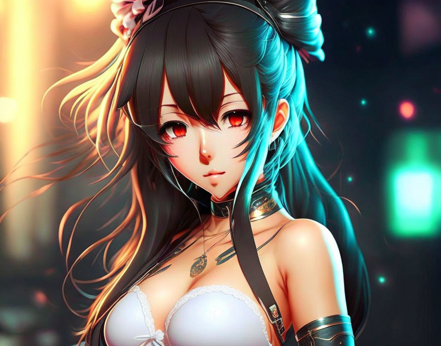 Female anime character: Long dark hair, red eyes, white dress, choker, neon-lit