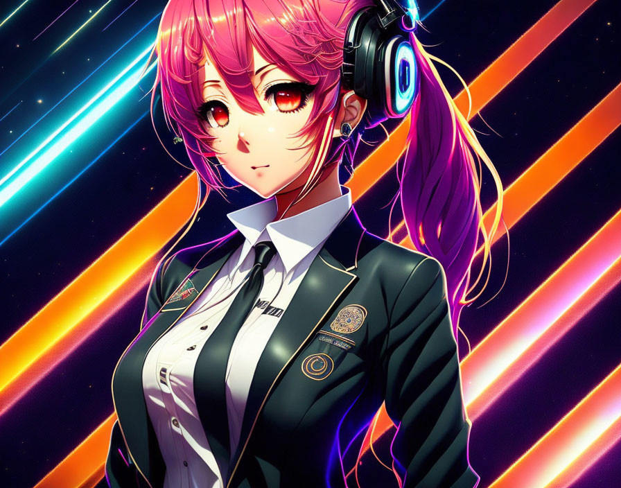 Pink-haired anime girl in black school uniform with red eyes and headphones, set against neon lights.