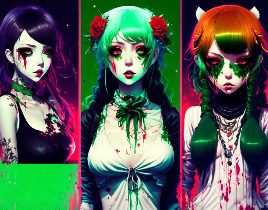 Colorful Hair & Dramatic Makeup Illustrations: Women in Horror & Fantasy with Vibrant Backgrounds