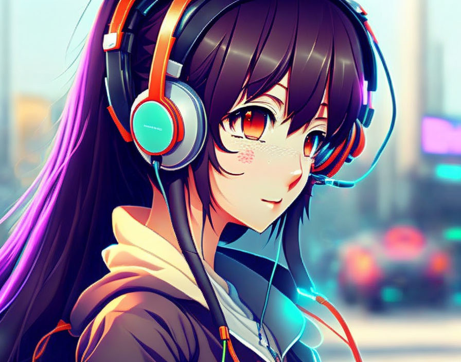 Brown-haired anime girl with headphones and bandage in cityscape backdrop.