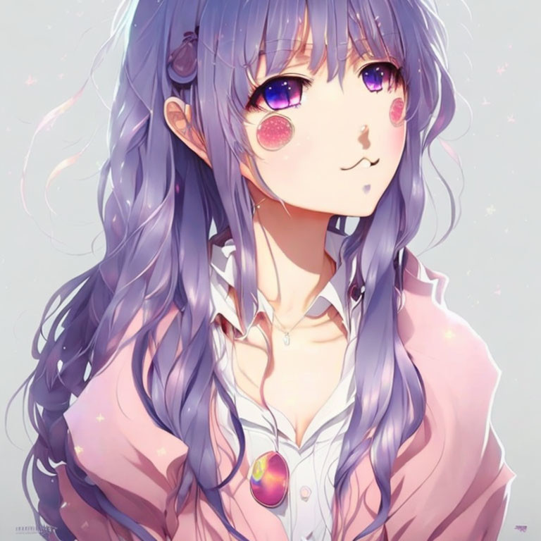 Illustration of girl with purple eyes and wavy hair in white shirt and pink jacket