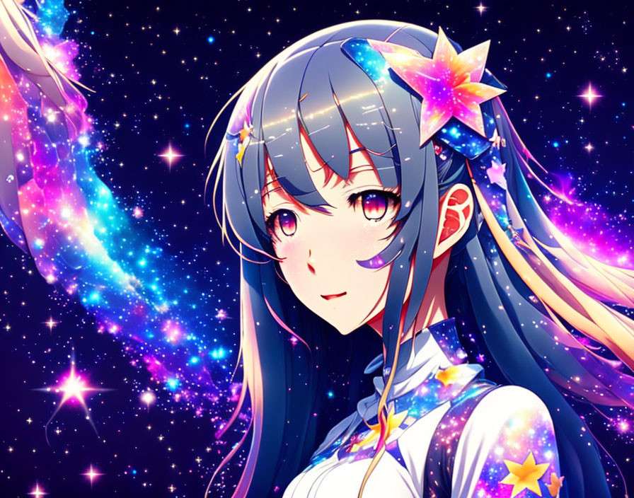 Blue-haired anime girl with star accessories on cosmic backdrop