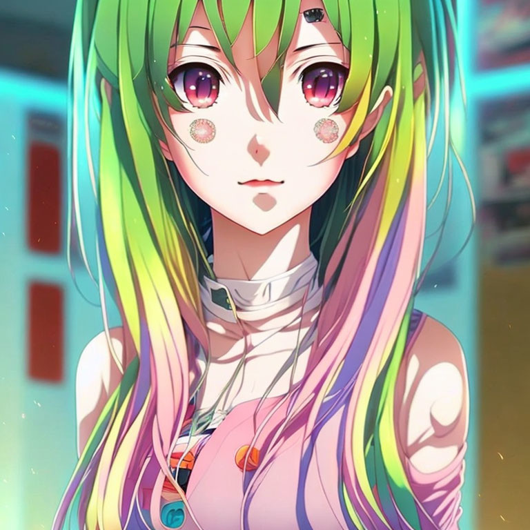 Colorful Rainbow-Haired Character with Pink Eyes and Blush Marks