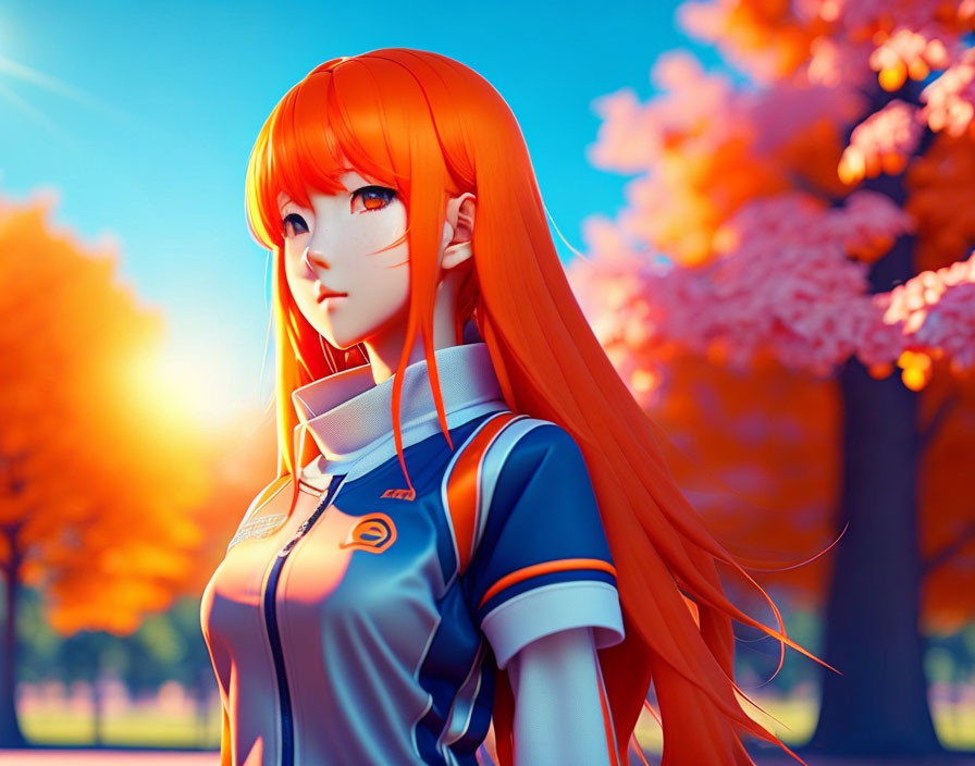 Vibrant orange-haired animated character in blue and white uniform among autumn trees.