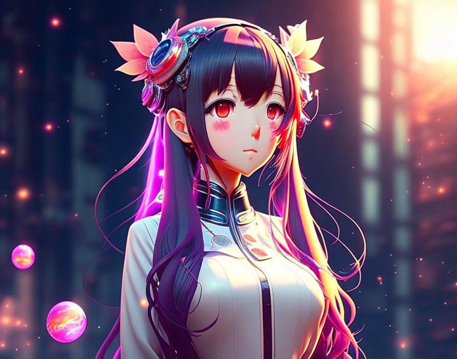 Purple-haired anime girl with floral accessories blushing in luminous setting