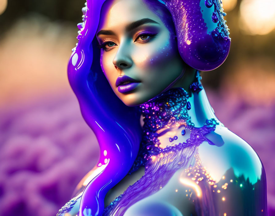 Person with Purple Skin and Liquid Texture on Warm Bokeh Background