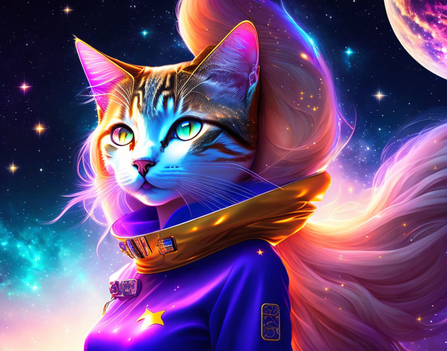 Colorful Cat in Spacesuit Against Cosmic Background