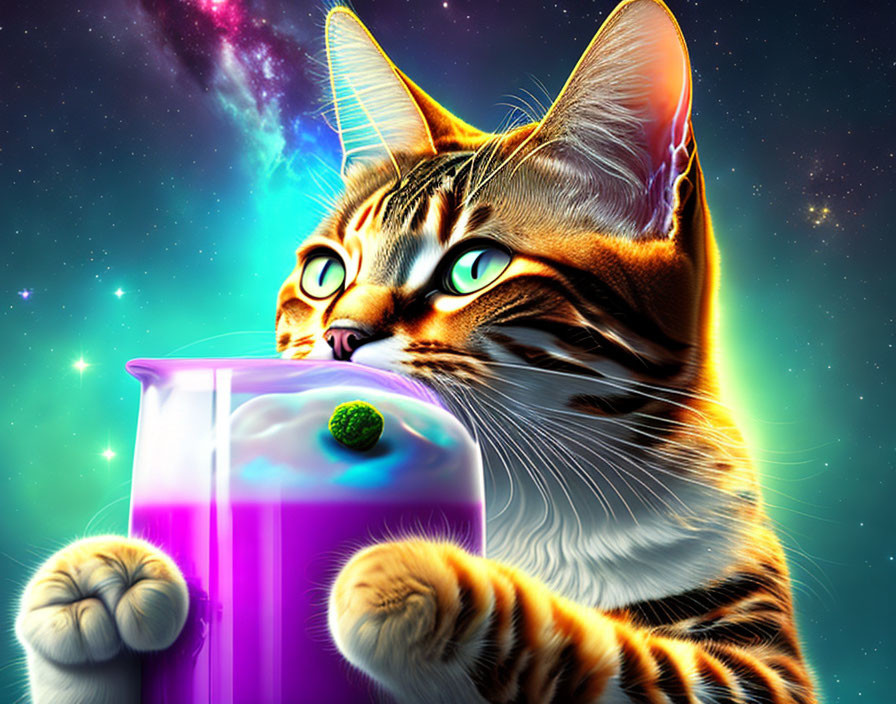 Striped Cat with Green Eyes and Cosmic Cocktail Illustration