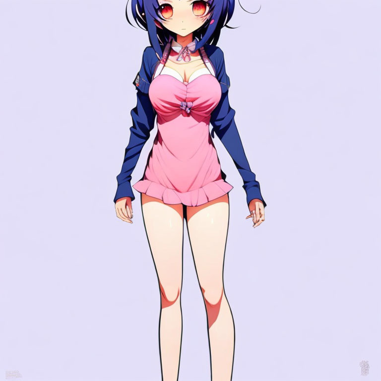 Purple-haired anime girl in blue jacket and pink dress on plain background