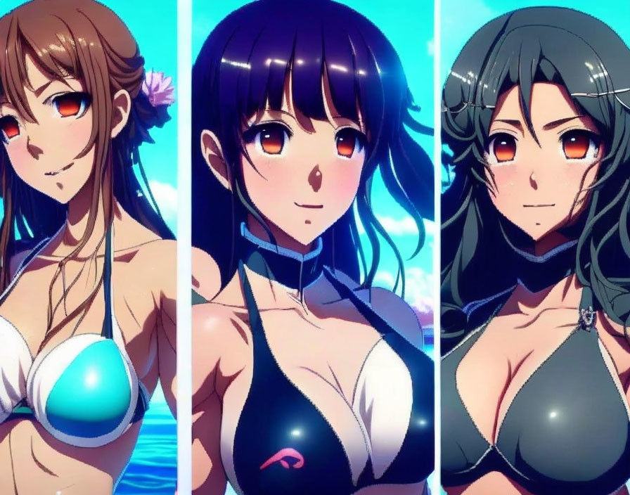 Three female anime-style characters in swimsuits with different hair colors and styles on a vibrant blue backdrop