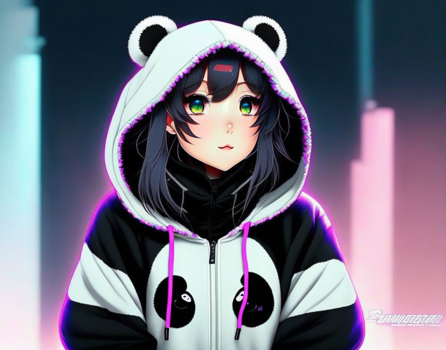 Digital artwork: Girl with big green eyes in panda hoodie on neon background