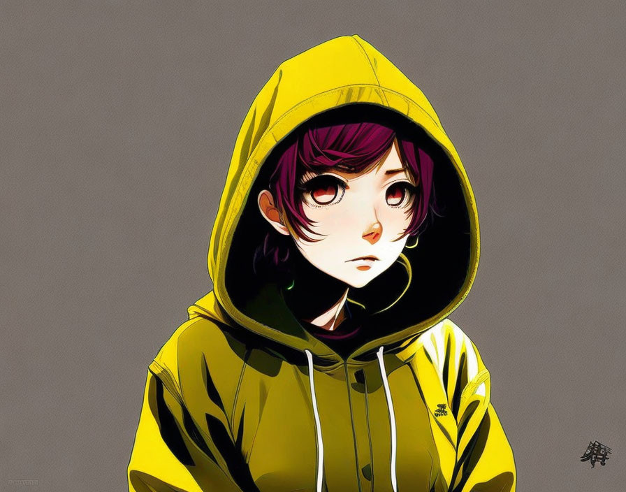 Illustration of person with large eyes in yellow hooded sweatshirt